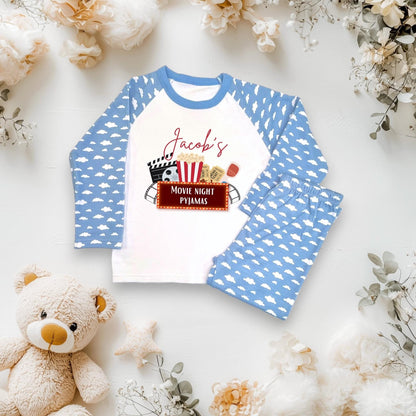 Personalised Childrens movie night pyjamas, children's cinema jammies, popcorn film movie, CE Tested Pyjamas