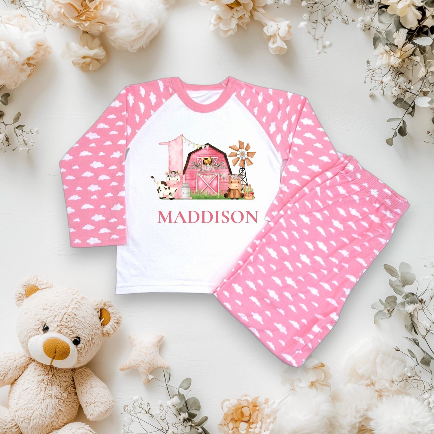 Girls 1st Birthday Farm Pyjamas / Pink Cloud PJs / When I Wake Up I Will Be One / Toddler Birthday Outfit / Farm Animal Theme Sleepwear