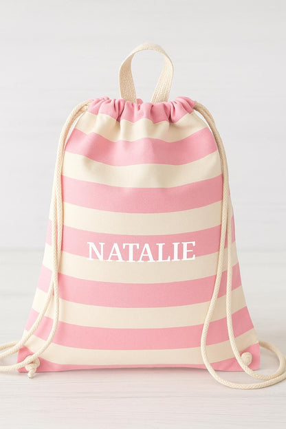 Personalised Striped Drawstring Bag – Embroidered Name Gym Kit, Kids PE Beach Bag, Nursery or School Backpack