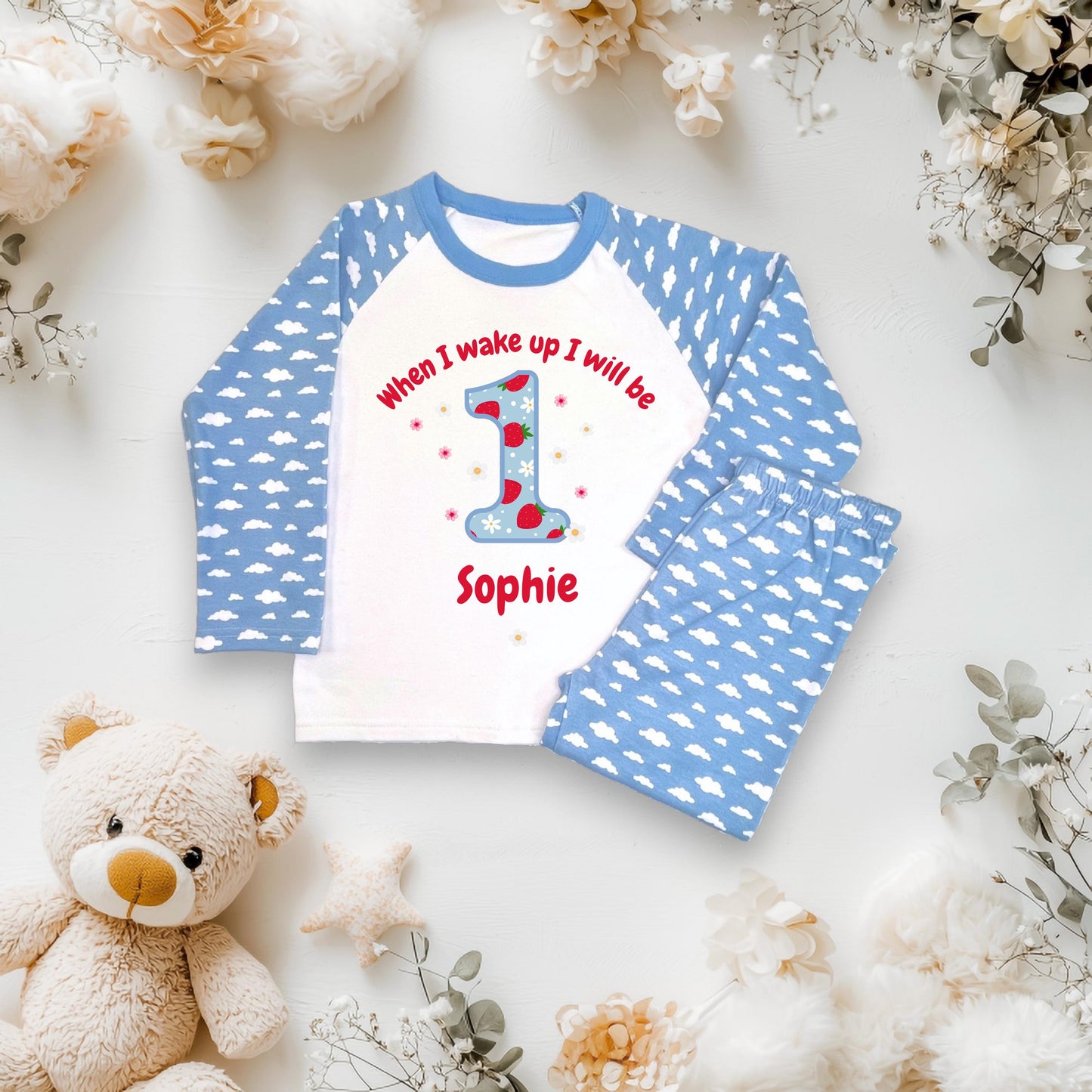 Girls 1st Strawberry Birthday Pyjamas / When I Wake Up I Will Be 1 2 3 4 5 / Toddler Birthday Outfit / Strawberry Theme Sleepwear