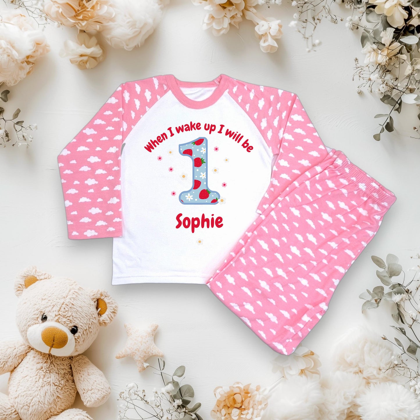 Girls 1st Strawberry Birthday Pyjamas / When I Wake Up I Will Be 1 2 3 4 5 / Toddler Birthday Outfit / Strawberry Theme Sleepwear