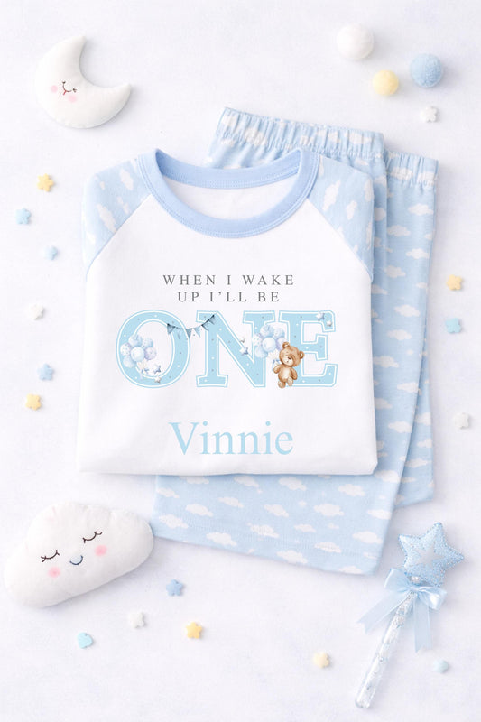 1st Birthday Teddy Bear Pyjamas/ Pink Cloud PJs/When I Wake Up I Will Be One/Toddler Birthday Outfit/ Bear Theme Sleepwear